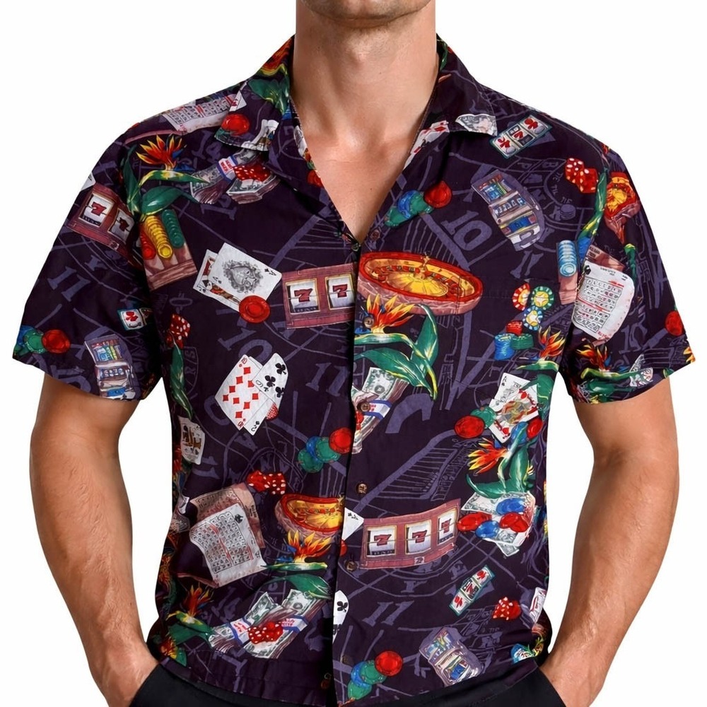 Aloha Republic Hawaiian Shirt XL Gambling Cards Slots‎ Roulette Flowers Black